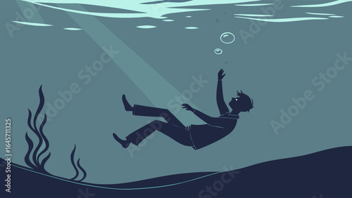 Silhouette of a Man Sinking Underwater Reaching Upwards.