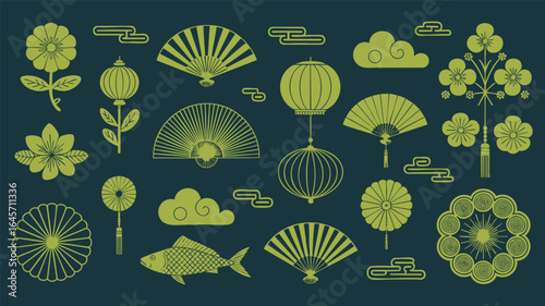 Collection of traditional japanese cultural elements featuring fans lanterns flowers and fish