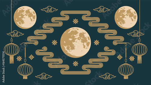 Ornate golden lunar pattern with full moons and traditional lanterns on dark teal background