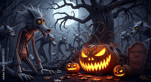 Halloween scene with werewolves, jack-o'-lanterns, and tombstone