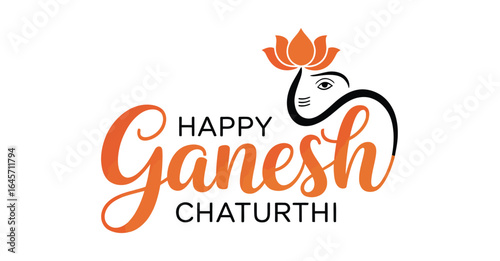 Ganesh Chaturthi greeting with stylized orange line art of Lord Ganesha’s head, lotus crown, and Happy Ganesh Chaturthi text in mixed fonts