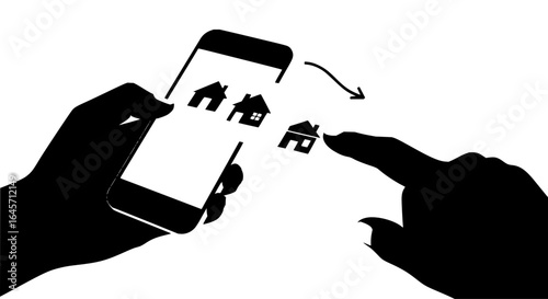 Person using a smartphone to select from houses displayed on the screen with their finger touch vector art