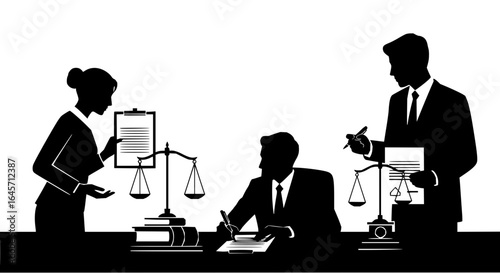 Silhouette illustration of three legal professionals working with scales of justice and documents on a desk vector art