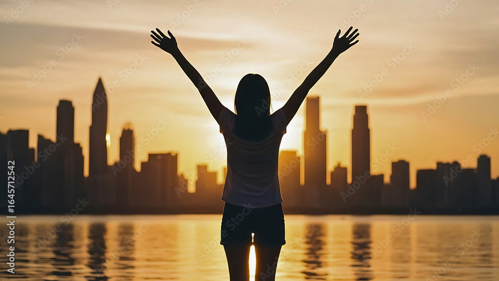 Fototapeta premium Woman with arms raised in triumph, silhouetted against a vibrant city skyline at sunset, embodying freedom, success, and a positive future perspective.