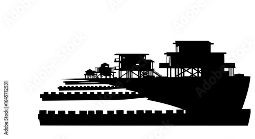 Silhouette of stilt houses and structures along a waterfront with a fortified wall in the foreground vector art