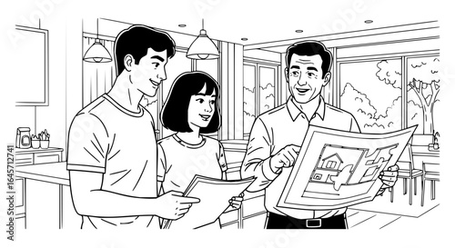 Couple consults with agent reviewing house plans in a bright and modern interior space setting vector art