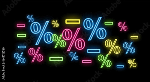 A vibrant collection of glowing neon percentage and minus signs in multiple colors, representing sales, discounts, and financial promotions on a dark background.