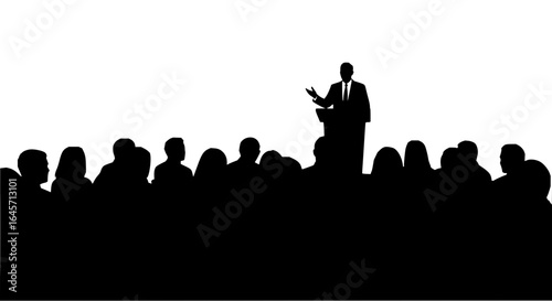 Silhouette of a speaker at a podium addressing an audience filled with people in a lecture hall vector art