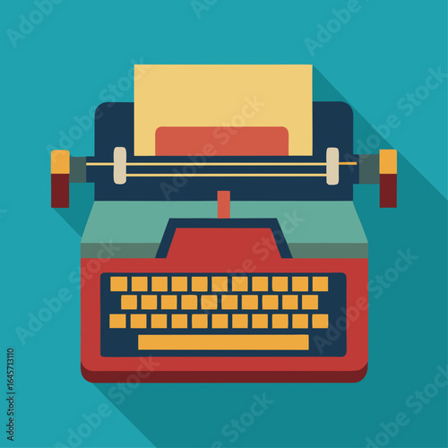 A typewriter with a piece of paper on it. The typewriter is blue and has a red key