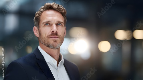 Confident professional in navy suit standing against a blurred office with glowing circular light.