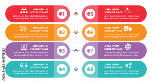 8 steps infographic template with 8 options. Flowchart that can be used for business report, data visualization and presentation. Timeline infographic elements vector illustration.