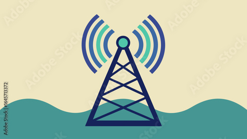 A tower with a blue and green antenna on top. The tower is surrounded by water. Concept of technology and communication