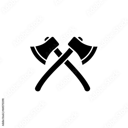 A striking, high-contrast, black and white graphic illustration displays two sharp-bladed axes crossed in an -shape, representing strength, labor, and essential gear.