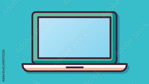 A laptop computer with a red and blue screen. The laptop is open and ready to use. The colors of the laptop are bright and cheerful, giving the impression of a fun and exciting device