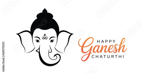 Minimal Ganesh Chaturthi greeting with black and orange line art of Lord Ganesha’s head and festive Happy Ganesh Chaturthi text in mixed fonts