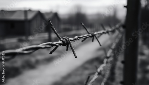 Rusty Barbed Wire Fence Encircling Detention, Concentration, And Extermination Camp, Close-Up Shot In Black And White. Focus On Detail.