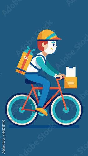 A man in a red shirt rides a bicycle with a package on the back. He is wearing a helmet and a red cap. The image has a lively and energetic mood, with the man's actions conveying a sense of purpose