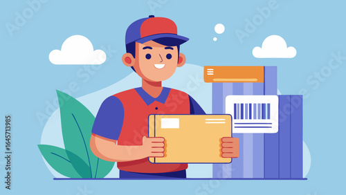 A woman in a red shirt is holding a box with a barcode on it. She is smiling and she is happy