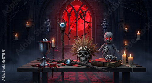 Spooky halloween altar with skull, doll, and eyeballs