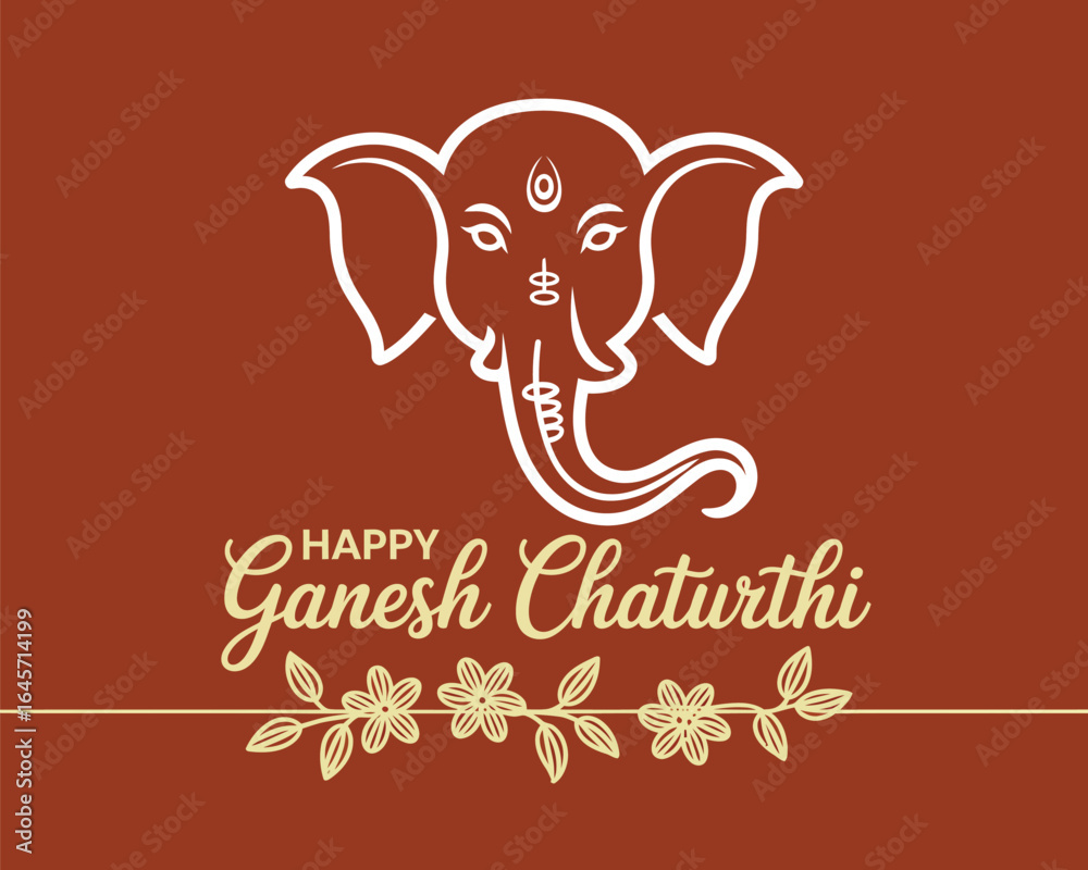 Fototapeta premium Stylized Ganesh Chaturthi greeting with white line art of Lord Ganesha’s head, floral divider, and Happy Ganesh Chaturthi text on red background