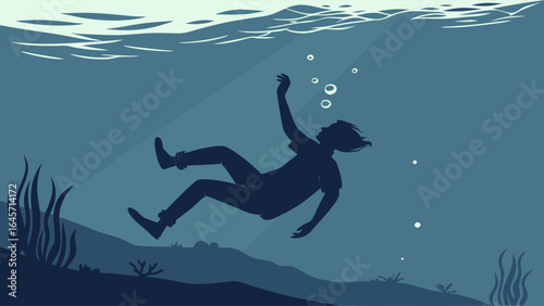 Silhouette of a Person Sinking Underwater.