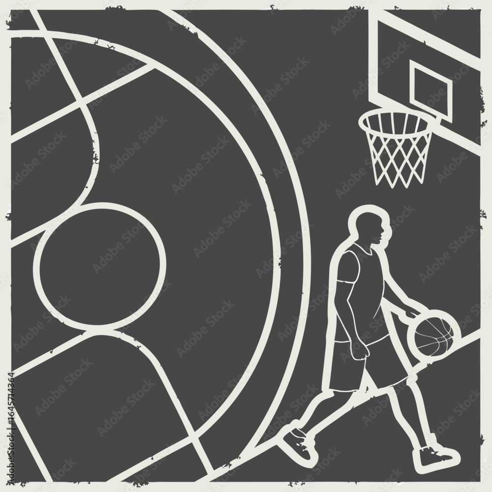 Fototapeta premium Silhouette of Basketball Player Dribbling on Court.