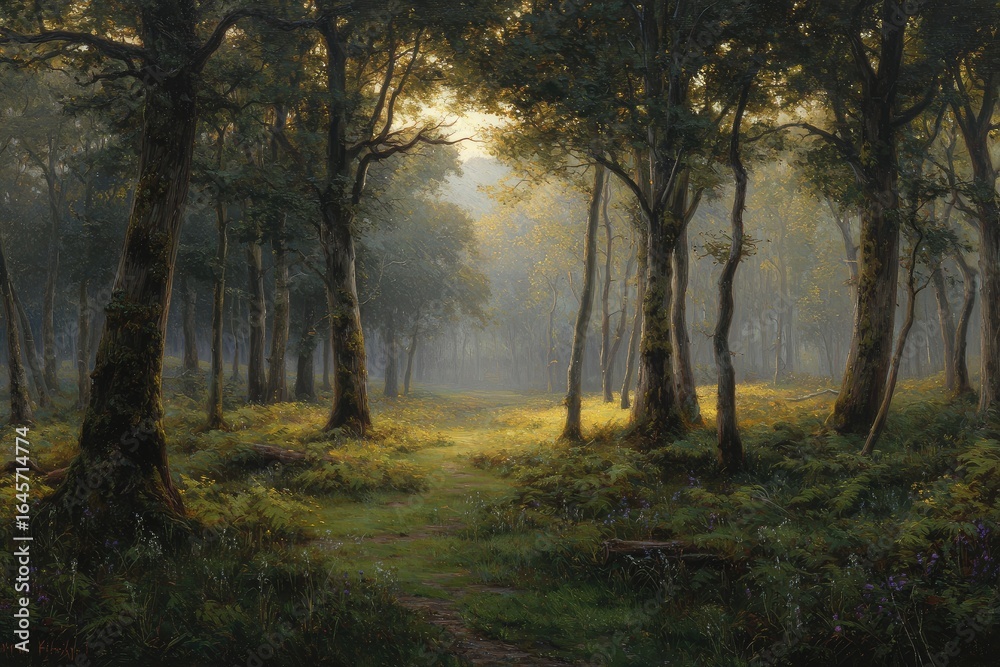 Naklejka premium Sunlit woodland path through dense trees