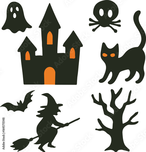 Halloween silhouettes featuring a castle witch cat bat ghost and tree vector