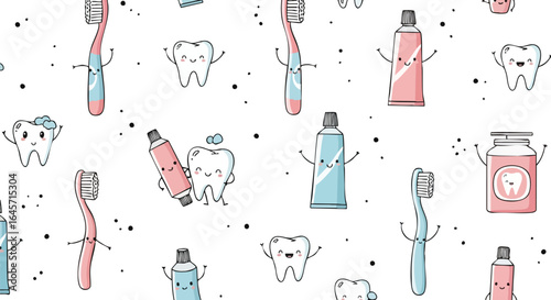 A charming seamless pattern features playful cartoon toothbrushes, toothpaste tubes, and happy teeth characters, perfect for dental hygiene promotions.