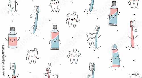 A charming seamless pattern featuring adorable cartoon teeth, toothbrushes, and toothpaste tubes, perfect for dental hygiene themes and children's designs.
