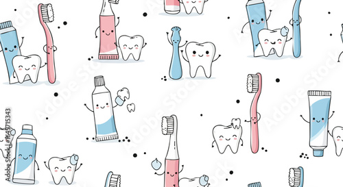 A charming seamless pattern features playful cartoon teeth, toothbrushes, and toothpaste tubes, creating a delightful background for dental hygiene themes.