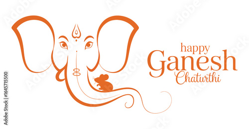 Stylized Ganesh Chaturthi greeting with orange line art of Lord Ganesha, mouse near trunk, and Happy Ganesh Chaturthi text for Hindu festival