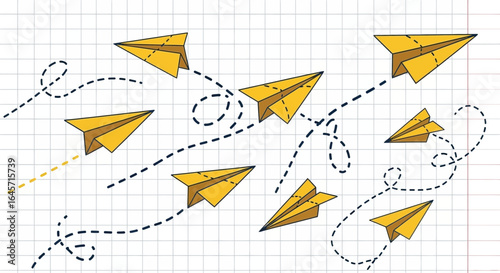 Doodle-style illustration of origami paper planes following dotted flight paths, representing a creative journey and business innovation.