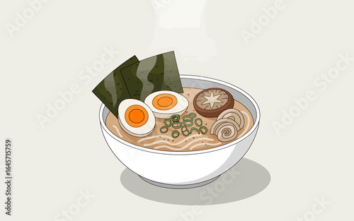 Delicious Ramen Bowl Illustration with Egg Mushroom and Seaweed perfect for food blogs and culinary articles