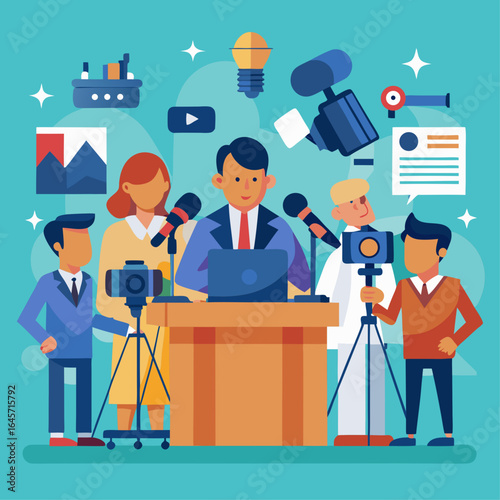 A group of people are gathered around a desk with a man in a suit and tie at the head of the table. The man is holding a microphone and he is a news reporter