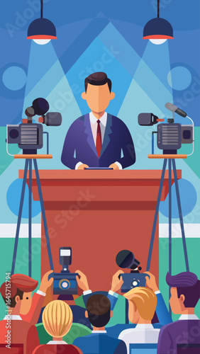 A group of people are gathered around a desk with a man in a suit and tie at the head of the table. The man is holding a microphone and he is a news reporter