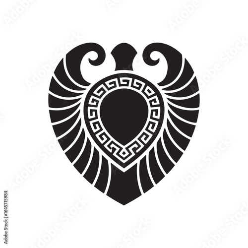 Solid Black Athena’s Aegis Shield Silhouette with Greek Patterns on White Background