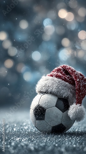 Soccer Ball Wearing a Santa Hat on a Snowy Surface With Festive Bokeh Backgro...
