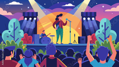 A woman singing on stage in front of a crowd. The crowd is cheering and clapping. The stage is lit up with bright lights