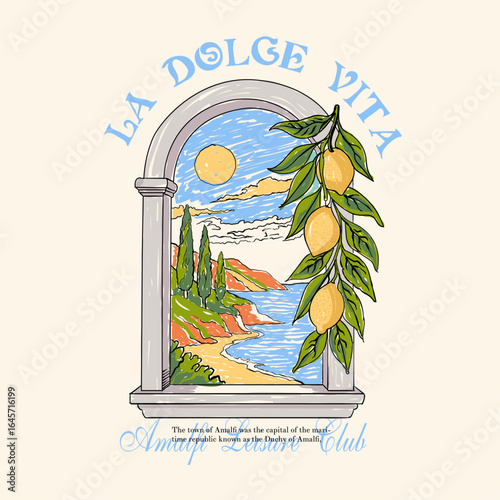hand drawing art with La Dolce Vita Slogan text. Amalfi Italian summer vector illustration, summer holiday graphic t shirt design, Italian lemon with beach vector illustration, retro vintage beach art