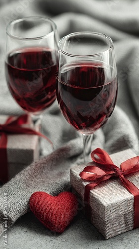 Romantic Evening With Red Wine and Gift Box on a Cozy Table Setting.