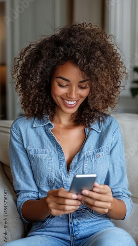 Young Woman Smiles While Using Her Phone on a Cozy Sofa in a Modern Living Room.