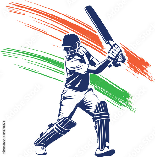 Man cricketer player vector icon and Indian cricketer batting with Indian flag colors in background 