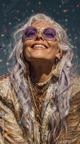 Woman With Silver Hair Smiling and Celebrating During a Festive Event With Co...