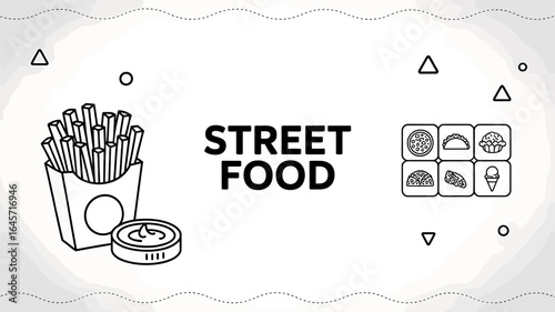 Street Food Icon Set with Fries and Sauces Black and White Illustration for Restaurant Menu and Design