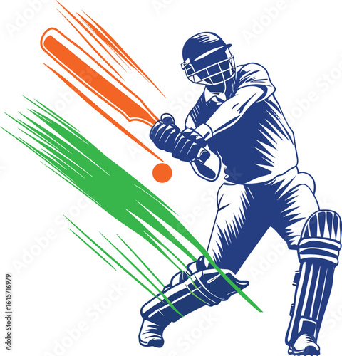 Man cricketer player vector icon and Indian cricketer batting with Indian flag colors in background 