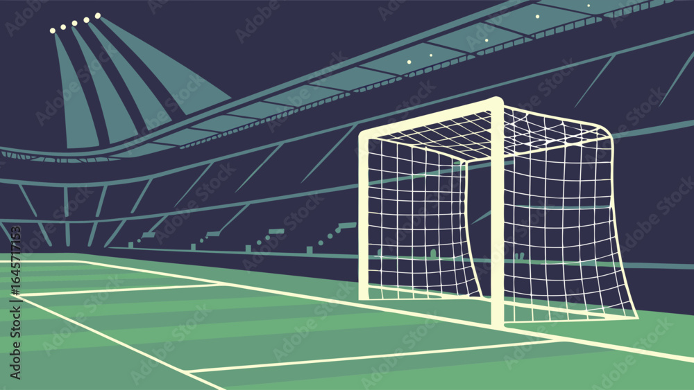 Fototapeta premium Stylized Soccer Goal Net in Stadium Nighttime View.