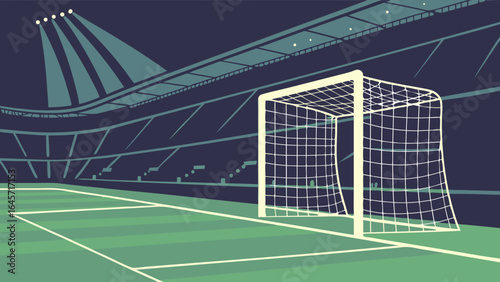 Stylized Soccer Goal Net in Stadium Nighttime View.
