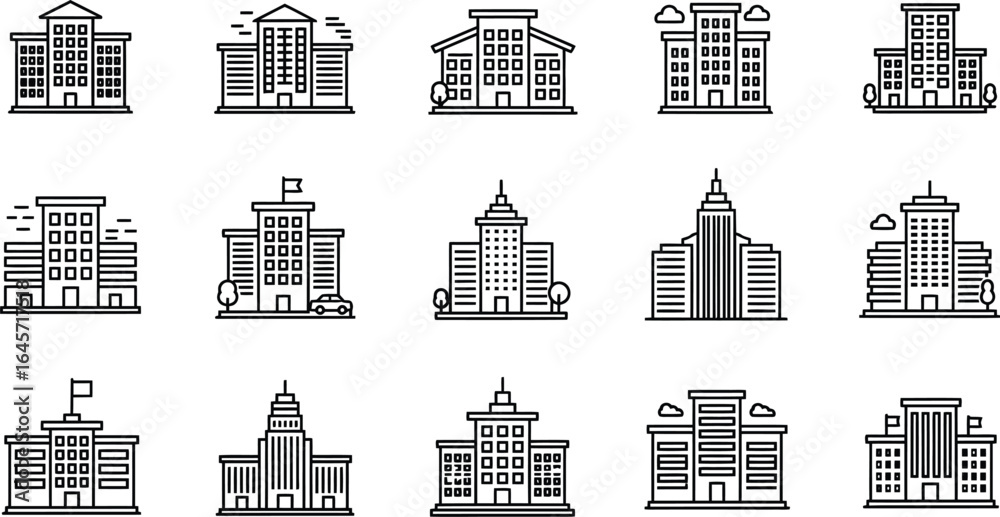 Fototapeta premium Business Buildings Linear Icons Set - Corporate & Multistory