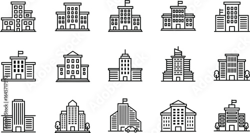 Business Buildings Linear Icons Set - Corporate & Multistory